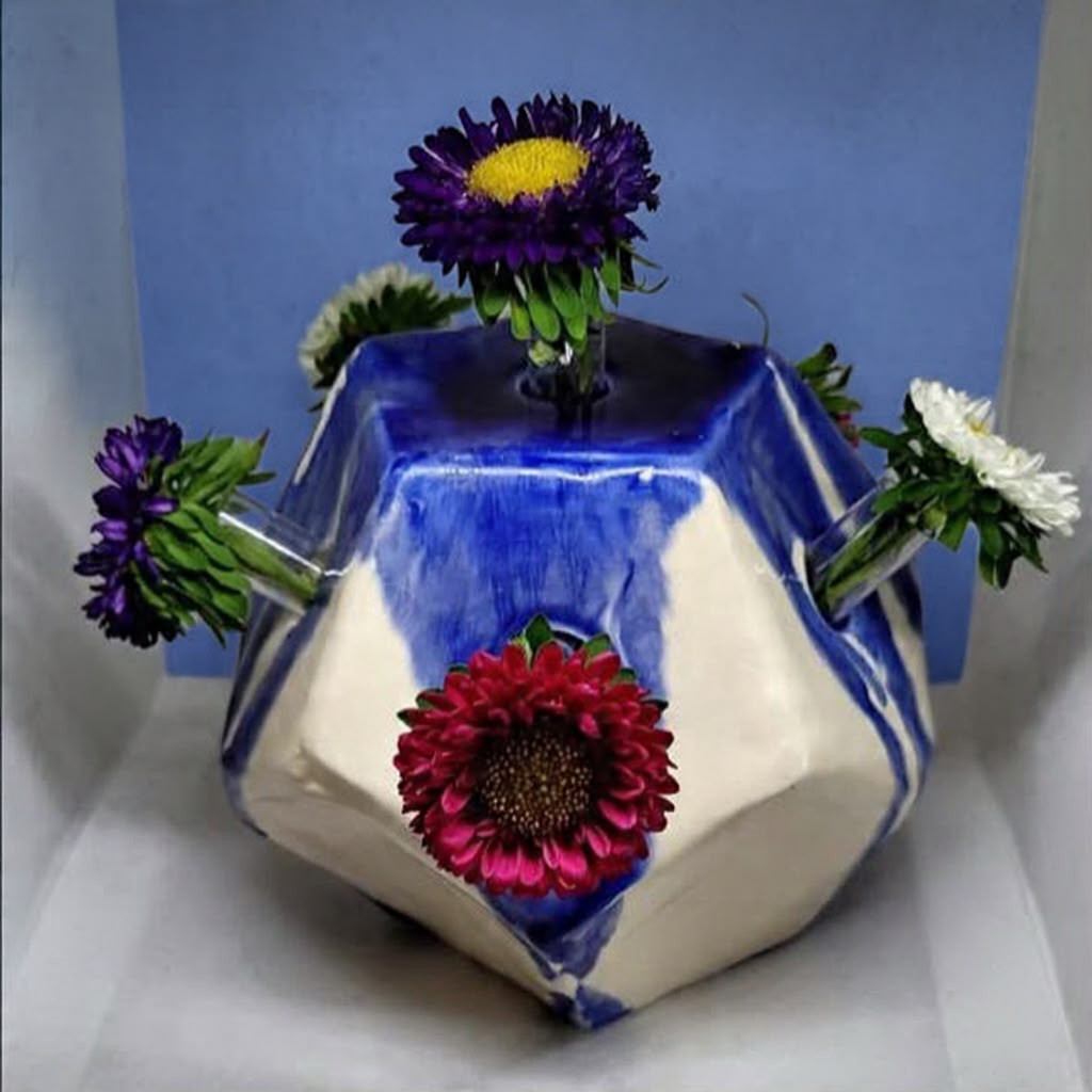 Florero Dodecaedro de cerámica artesanal con flores